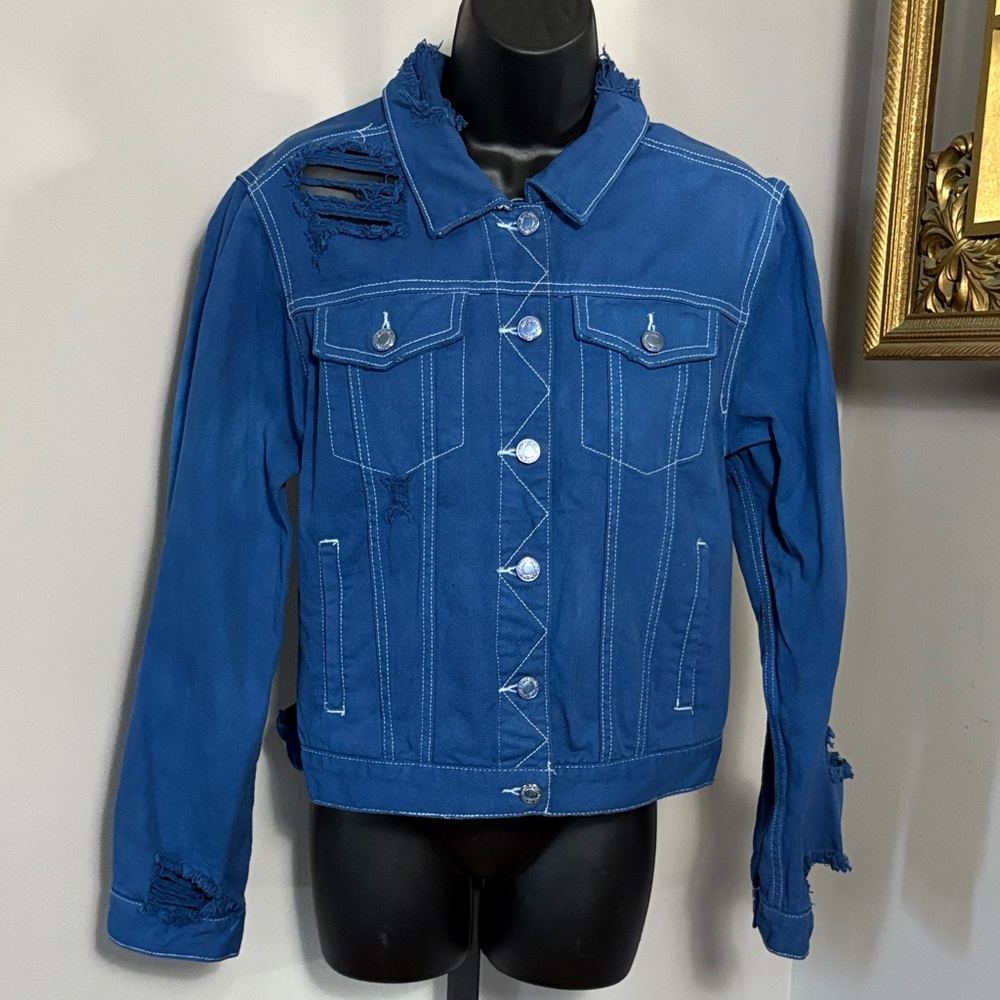 Vervet Medium Distressed Blue Jean Jacket Classic Crop Fit